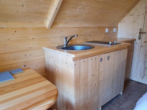 a bathroom with a sink in a wooden cabin at The Shire in Boston