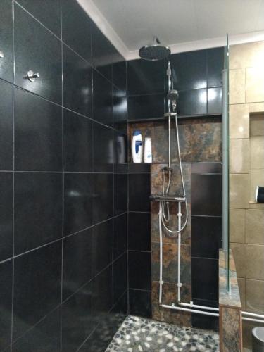a bathroom with a shower with black tiles at Tomarhousing - Studio in Tomar
