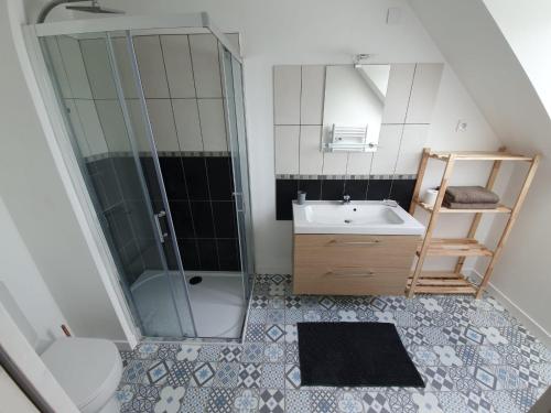 une salle de bain avec une douche, un lavabo et des toilettes dans l'établissement Grande maison proche mer, à Tréveneuc