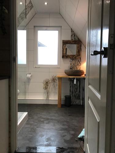an attic bathroom with a window and a sink at T’ Hogeland Ainrom in Eenrum