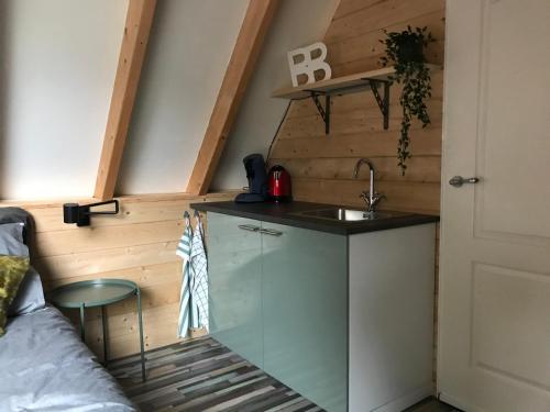 eine Küche mit Spüle in einem winzigen Haus in der Unterkunft T’ Hogeland Ainrom in Eenrum