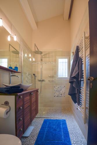 La salle de bains est pourvue d'une douche et d'un tapis bleu. dans l'établissement Mas Caipi La Cadière d'Azur at My Luxury Home in Provence, à La Cadière-dʼAzur