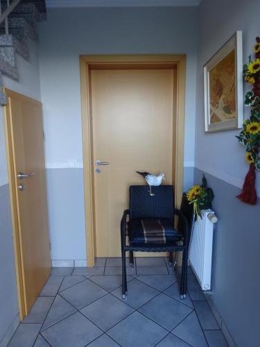 a bird sitting on a chair in front of a door at Marschblick in Südermarsch