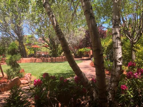 
a garden area with trees, bushes, and shrubbery at Casa Sedona Inn in Sedona
