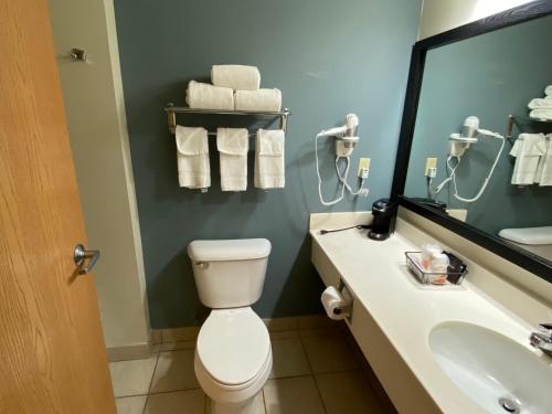 ein Badezimmer mit einem WC, einem Waschbecken und einem Spiegel in der Unterkunft Sleep Inn and Suites Davenport in Bettendorf