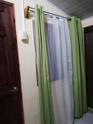 a bathroom with a green shower curtain and a door at Belis in Alajuela City