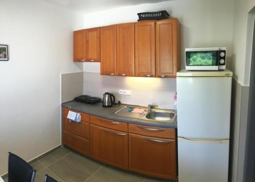 a small kitchen with a refrigerator and a microwave at Ubytování v soukromí Lužné in Luhačovice