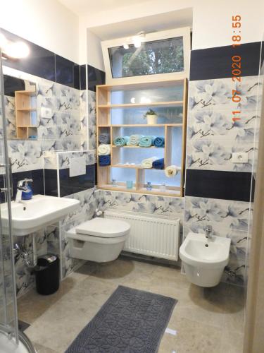 een badkamer met een wastafel en een toilet bij Apartma Ada in Tolmin