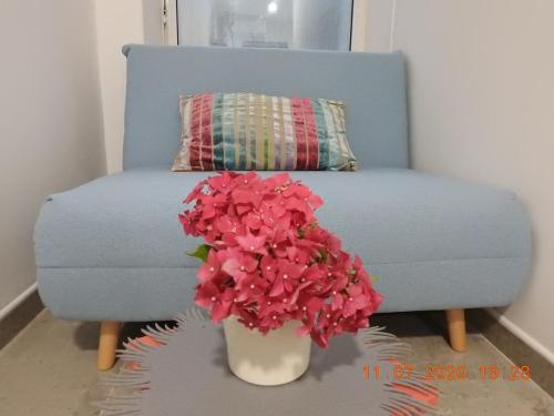 een blauwe stoel met een vaas met bloemen erin bij Apartma Ada in Tolmin