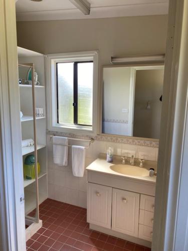 uma casa de banho com um lavatório e uma janela em Twin Trees Country Cottages em Pokolbin
