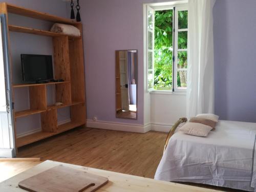 um quarto com uma cama, uma televisão e uma janela em STUDIO INDEPENDANT ET TINY HOUSE DANS FERME 18ème em Saint-Michel-sur-Savasse