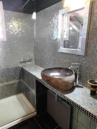 ein Badezimmer mit einem großen Waschbecken und einem Spiegel in der Unterkunft Cascades de la mare à poule d'eau in Salazie