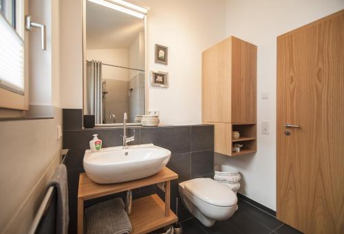 ein Badezimmer mit einem weißen Waschbecken und einem WC in der Unterkunft Bio-Ferienhaus Newergarten in Wadern