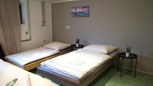 a room with two beds and two tables at Work & stay Vohburg near Ingolstadt in Vohburg an der Donau