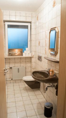 a bathroom with a sink and a toilet and a window at Work & stay Vohburg near Ingolstadt in Vohburg an der Donau