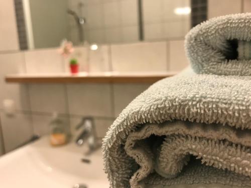 Una toalla en el lavabo del baño en Vogelhubergut - Familie Scherleithner, en Vorchdorf