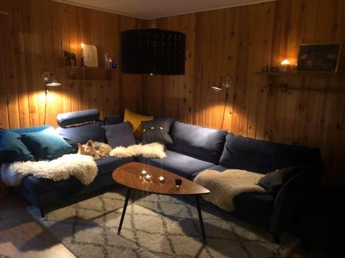 uma sala de estar com um sofá azul e uma mesa em Boka Borgafjäll em Borgafjäll