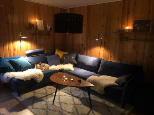 a living room with a blue couch and a table at Boka Borgafjäll in Borgafjäll