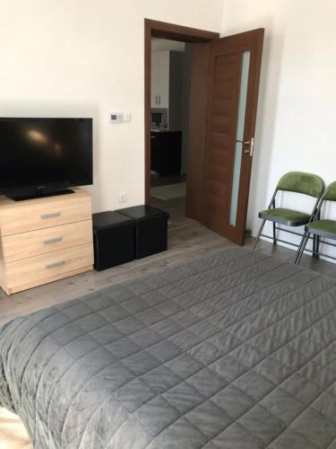 a bedroom with a bed and a flat screen tv at Mira apartman in Debrecen