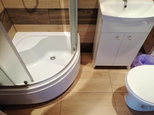 a bathroom with a shower and a sink and a toilet at Pokoje Gościnne Polo in Częstochowa