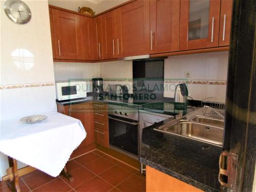 a kitchen with wooden cabinets and a sink and a stove at Villa Catuna - Quinta do Jolu in Guia