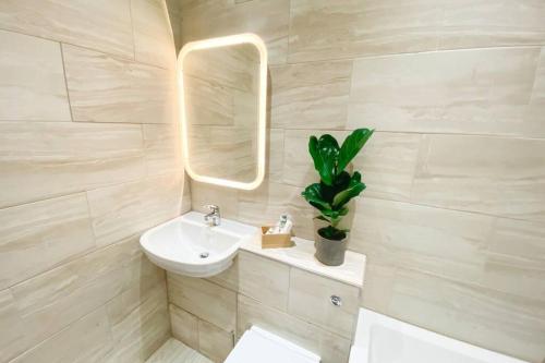 a bathroom with a sink and a mirror and a plant at The Hideaway in Folkestone