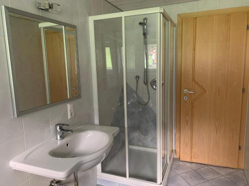 La salle de bains est pourvue d'une douche et d'un lavabo blanc. dans l'établissement Waldhäusl, à Matrei in Osttirol