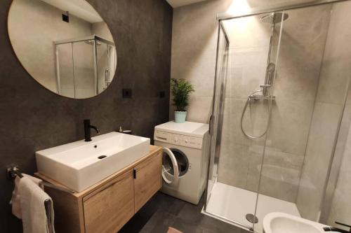 La salle de bains est pourvue d'un lavabo et d'une douche avec un miroir. dans l'établissement Appartement Toni, à Sand in Taufers