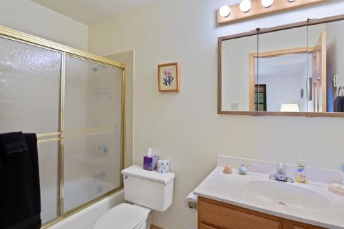 a bathroom with a shower and a toilet and a sink at Snowfire 312A in Angel Fire