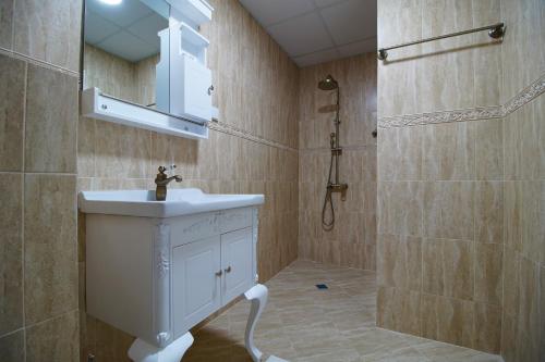 a bathroom with a sink and a shower at Pulpudeva Family Hotel in Plovdiv