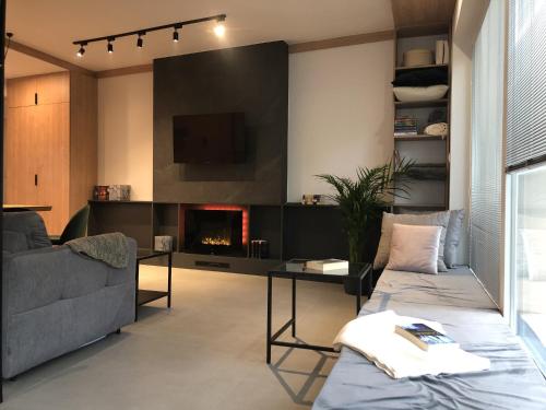 a living room with a couch and a fireplace at Apartament Lena Stare Miasto in Krakow