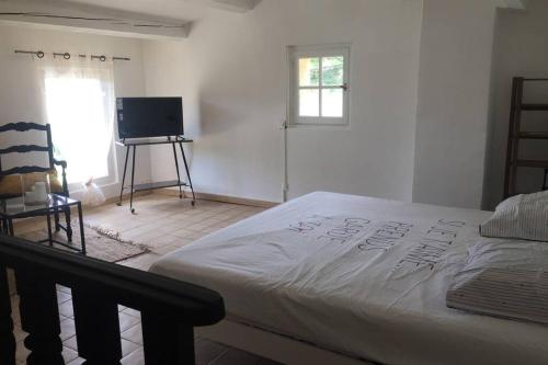a bedroom with a bed and a flat screen tv at Cabanon de charme en plein coeur des vignes in Pertuis