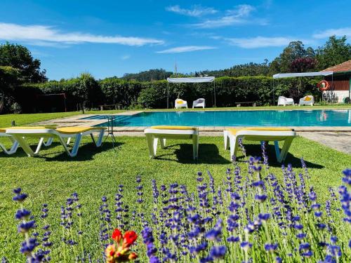 two picnic tables in the grass near a pool with purple flowers at Casa dos Laceiras in Sandim