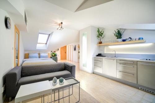 a living room with a couch and a bed and a kitchen at Residence Caesar by Homester in Brno