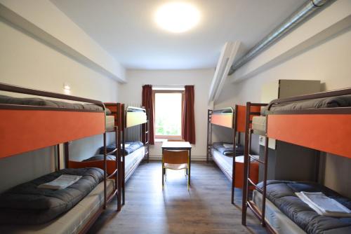 TennevilleにあるAuberge de Jeunesse de La-Roche Champlonの二段ベッド数組とテーブルが備わる客室です。