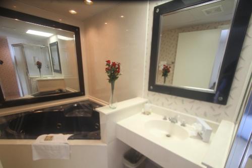 a bathroom with a sink and a mirror at Boardwalk Beach Resort in Myrtle Beach