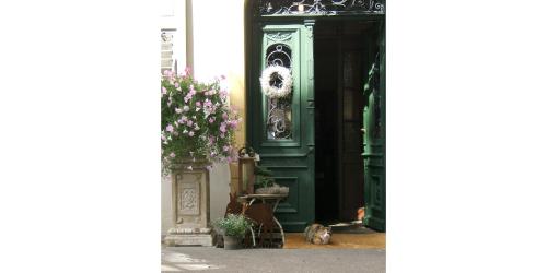 a green door with flowers and a cat next to it at Hotel Kolbergarten in Bad Tölz