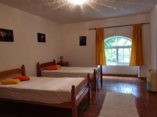 1 dormitorio con 2 camas y ventana en Casa do Pedro e da Marina, en Lomba