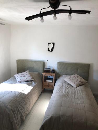 a bedroom with two beds and a ceiling fan at Green House in Baia de Fier