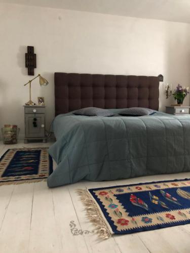 a bedroom with a bed and a rug at Green House in Baia de Fier