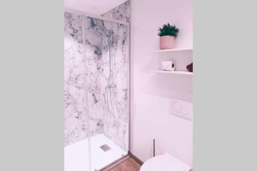 a white bathroom with a shower with a glass door at Pink studio Mons ✓ TOP position ! in Mons