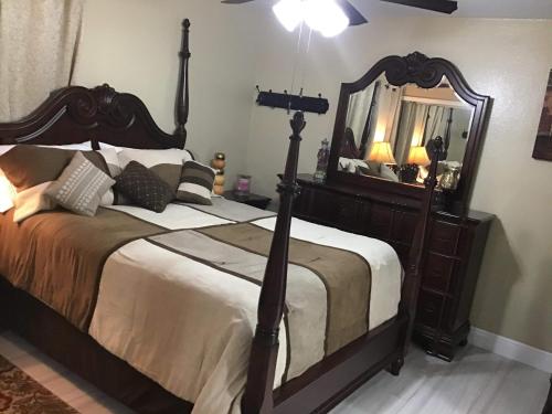 1 dormitorio con 1 cama grande y espejo grande en Mary's Luxury House, en Tampa