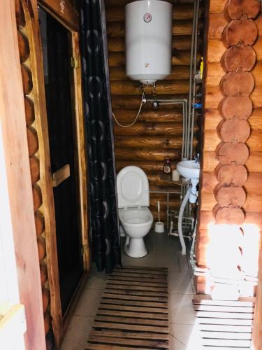 a bathroom with a toilet in a log cabin at Verhnie Dubai in Vysshaya Dubechnya