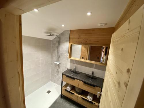 a bathroom with a sink and a shower at WHYMPER Chalet mitoyen proche pistes avec vue panoramique in La Toussuire
