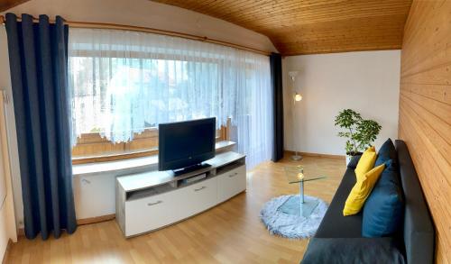 a living room with a couch and a tv and a window at Haus Polleruhs in Aflenz Kurort