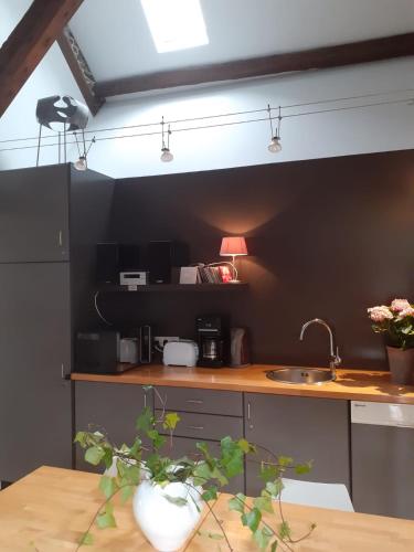 a kitchen with a sink and a table with a lamp at B&B Setola in Bruges