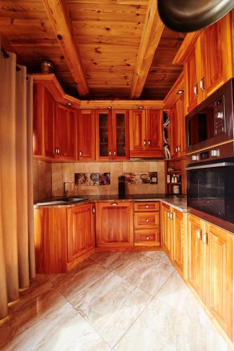 a kitchen with wooden cabinets and a wooden ceiling at BORYSÓWKA in Kopanica