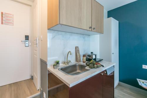 a kitchen with a sink and a blue wall at WS Tour Eiffel - Nicolo in Paris