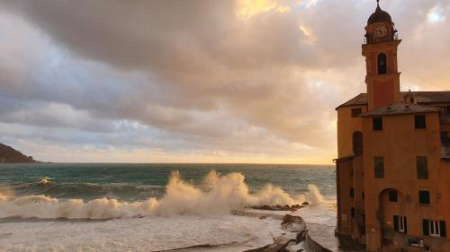 a building on the beach with waves and a clock tower at Best flat beachfront Camogli in Camogli