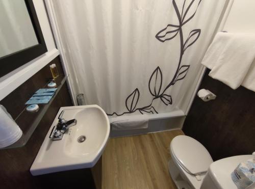 a bathroom with a sink and a toilet and a shower curtain at Pemberton Hotel (Motel) in Pemberton